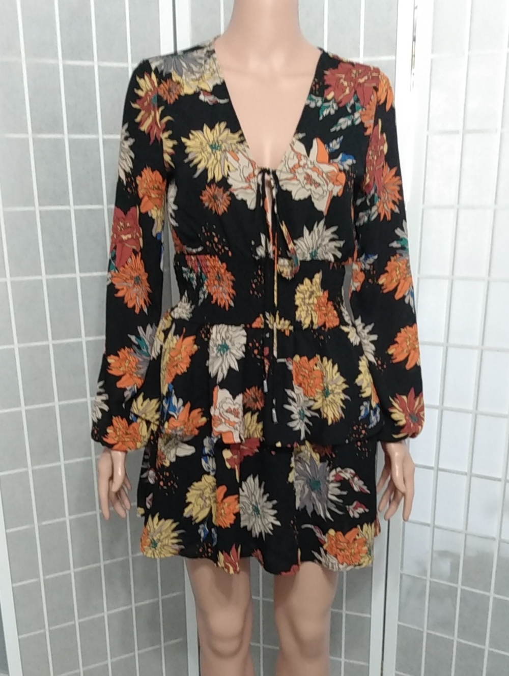 Revamped Black Floral Mini Dress- Chiffon Smocked -WMNS Small- Long Sleeves